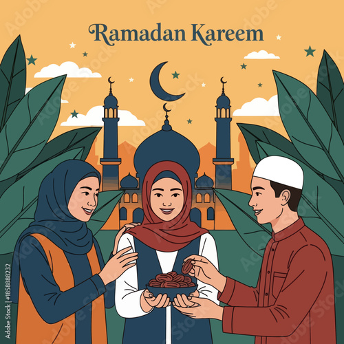 Muslim woman sharing food during iftar. Ramadan kareem flat cartoon character illustration