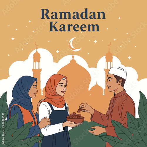 Muslim woman sharing food during iftar. Ramadan kareem flat cartoon character illustration