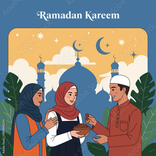 Muslim woman sharing food during iftar. Ramadan kareem flat cartoon character illustration