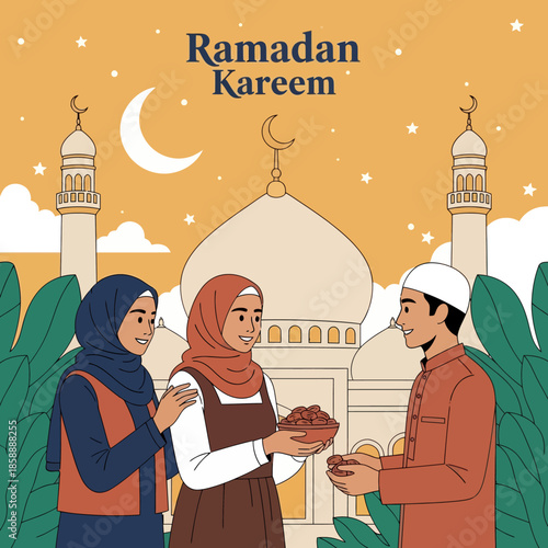 Muslim woman sharing food during iftar. Ramadan kareem flat cartoon character illustration