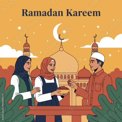 Muslim woman sharing food during iftar. Ramadan kareem flat cartoon character illustration