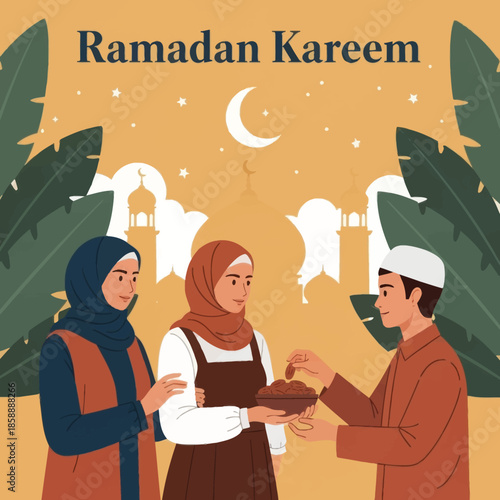 Muslim woman sharing food during iftar. Ramadan kareem flat cartoon character illustration