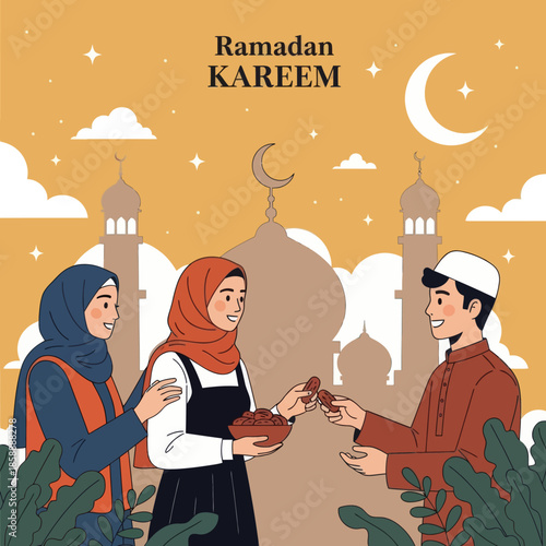 Muslim woman sharing food during iftar. Ramadan kareem flat cartoon character illustration