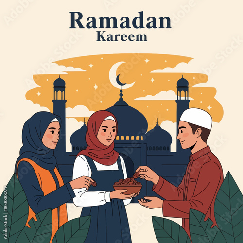 Muslim woman sharing food during iftar. Ramadan kareem flat cartoon character illustration