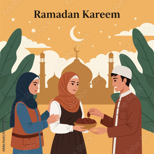 Muslim woman sharing food during iftar. Ramadan kareem flat cartoon character illustration