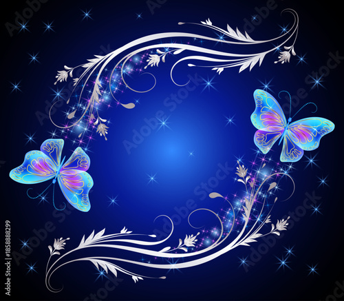 Fairytale night sky with magical blue butterflies and floral ornament and stars. Fantasy sparkle background.