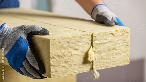 Worker handling insulation panel wearing protective gloves indoors closeup