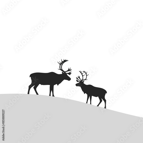 Two reindeer silhouettes standing on hill in simple black and grey vector design 