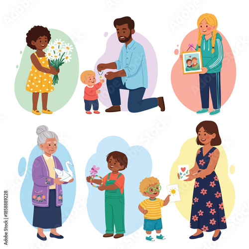 Diverse family members exchanging flowers and drawings in caring relationships and intergenerational bonding vector illustration 