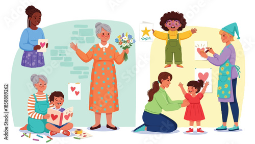 Multigenerational family members celebrating love and sharing handmade cards in cozy home setting vector illustration 
