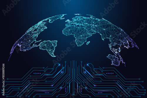 Global connectivity, digital infrastructure, worldwide data. Glowing world map above circuit board