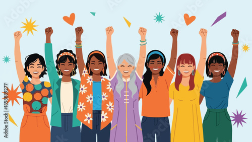 Diverse group of joyful women celebrating unity with raised fists and colorful background vector illustration 