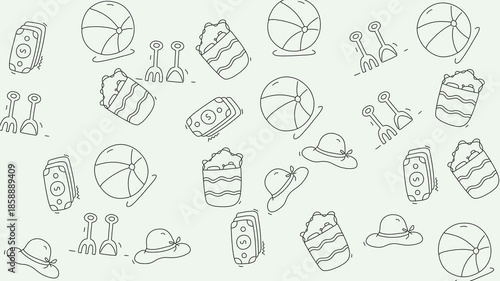 Beach theme pattern featuring colorful beach balls and pails. Perfect for summer designs, beach party invitations, or vacationthemed projects.