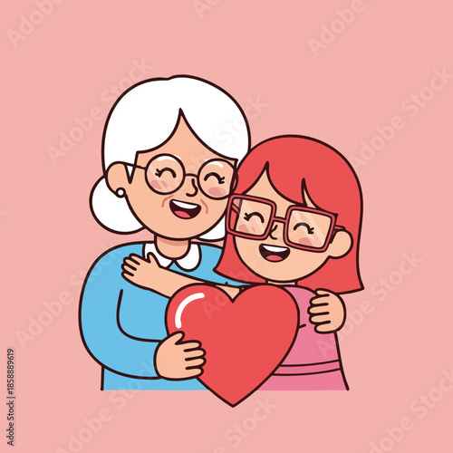 Grandmother and granddaughter hugging with heart symbol love illustration for family care and affection concept 