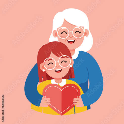 Grandmother and granddaughter holding red heart symbol celebrating love and family bond for special occasion vector illustration 