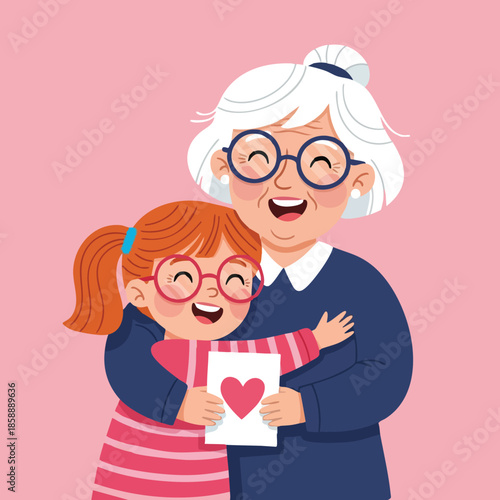 Grandmother and granddaughter hugging with love card for special occasion like Mothers Day family affection vector illustration 