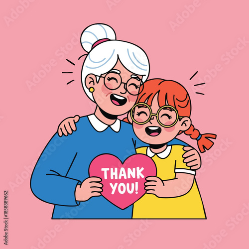 Grandmother and granddaughter hugging with thank you heart for Mothers Day celebration and family love appreciation 
