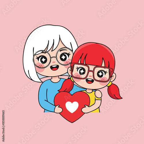 Grandmother and granddaughter holding heart symbol in loving embrace for family love and bonding vector illustration 