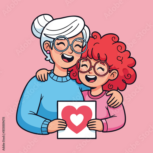 Grandmother and granddaughter holding heart card celebrating family love and happiness in pink background vector illustration 