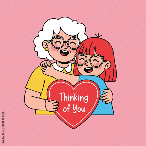 Grandmother and granddaughter hugging with heart shaped Thinking of You sign in colorful vector illustration for family love and care 