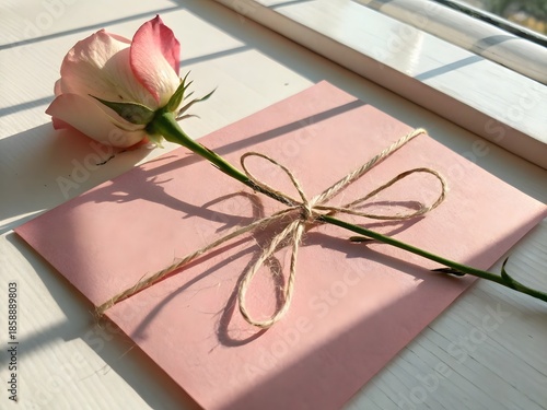 Rose Tied to Pink Envelope