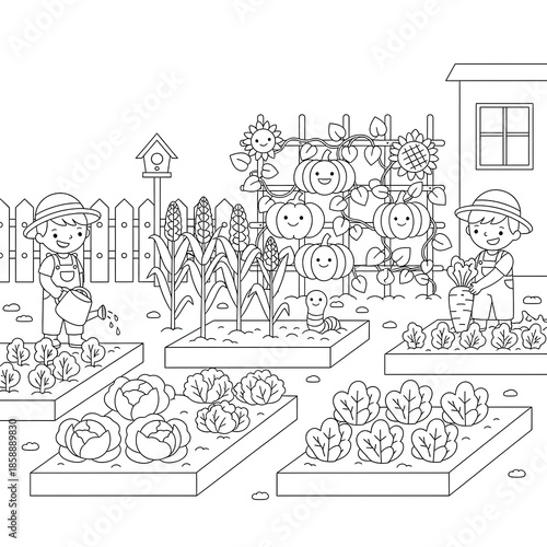 Wallpaper Mural Black and white drawing of two children in a garden watering plants and harvesting carrots amidst various crops Torontodigital.ca