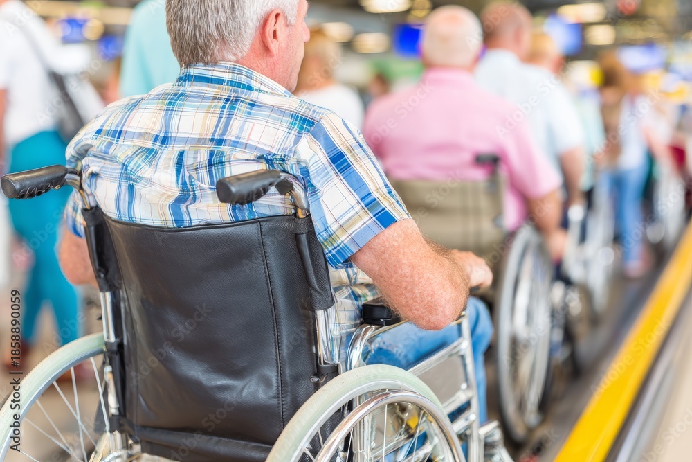 Obraz premium Person in Wheelchair Near Accessibility Ramp in Pub Setting for Event Transport