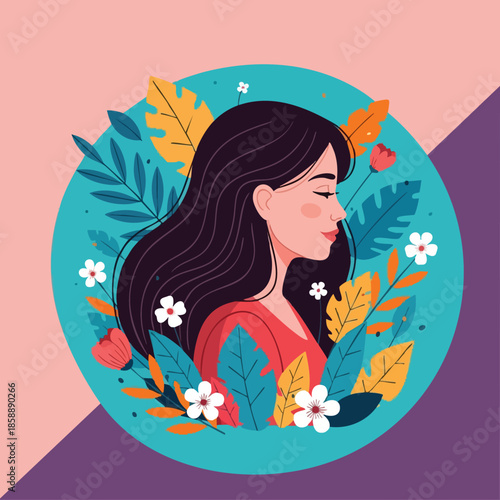 Woman with Long Black Hair Surrounded by Colorful Leaves and Flowers Vector Illustration in Profile View 