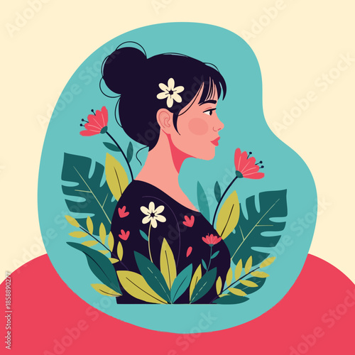 Woman with black hair and flowers surrounded by green leaves and pink flowers vector illustration in profile view 