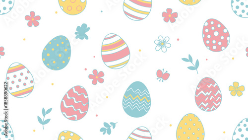 A delightful seamless pattern featuring a variety of colorful Easter eggs and small floral elements on a white background.