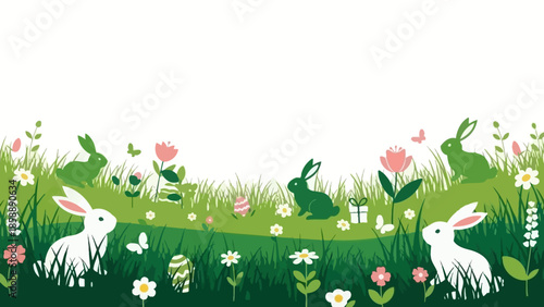 A vibrant Easter scene unfolds with playful bunnies hopping through a lush green meadow adorned with colorful flowers and decorative eggs.