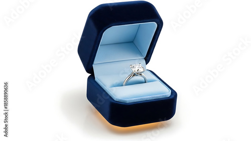 Elegant diamond engagement ring presented in a luxurious navy blue velvet box