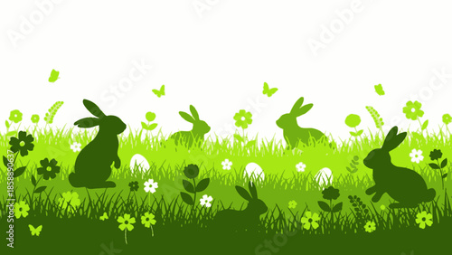 A vibrant green Easter-themed illustration featuring silhouetted rabbits amidst lush grass, blooming flowers, and delicate butterflies, with hints of Easter eggs scattered throughout the scene.