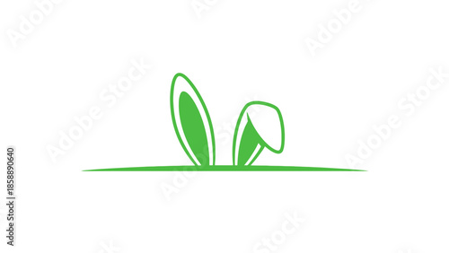 A minimalist illustration of green bunny ears peeking over a green line representing grass.