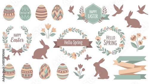 A collection of charming Easter and Spring themed graphic elements including decorated eggs, bunnies, birds, flowers, and festive banners.