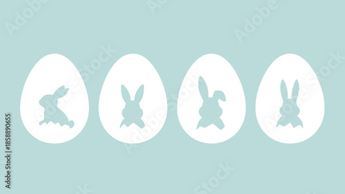 Four white Easter eggs with bunny silhouettes against a light blue background.