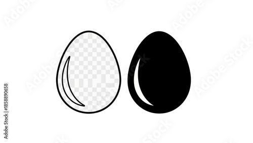 Two stylized eggs, one transparent and outlined, the other solid black, presented side-by-side on a white background.