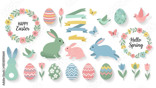 A vibrant collection of Easter-themed illustrations featuring bunnies, decorated eggs, flowers, birds, and butterflies, perfect for spring celebrations.