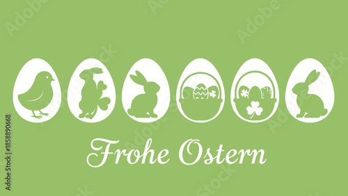 A light green background with six white Easter eggs, each featuring a different silhouette, and the text "Frohe Ostern" below.