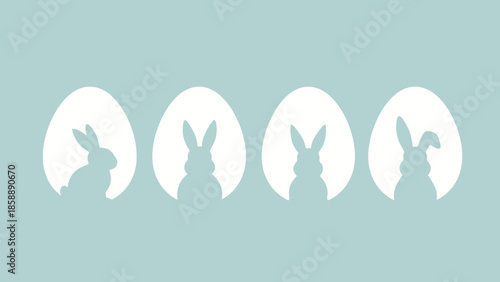 Four Easter eggs with bunny silhouettes against a light blue background.