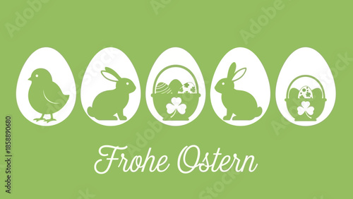 A festive Easter greeting with white silhouettes of a chick, bunnies, and Easter baskets on a green background.