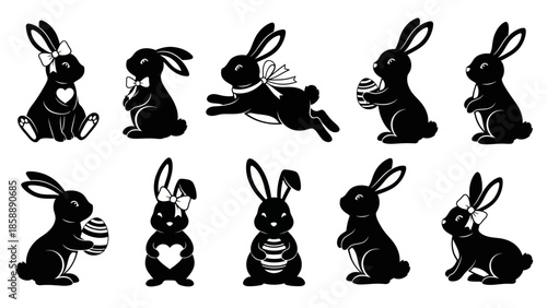 A collection of ten black silhouette illustrations of Easter bunnies in various poses, some holding eggs and wearing bows.