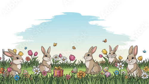 A charming illustration of several cute bunnies gathered in a field of colorful flowers and butterflies under a bright blue sky.