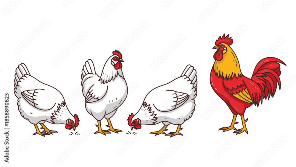 Fototapeta premium A colorful rooster stands proudly next to three white hens pecking at the ground.