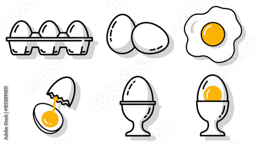A collection of six different illustrations of eggs in various forms and preparations, including a carton, whole eggs, a fried egg, a cracked egg, and eggs in egg cups.