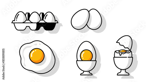A collection of illustrations depicting various forms of eggs, including raw eggs in a carton, whole eggs, a fried egg, and soft-boiled eggs in egg cups.