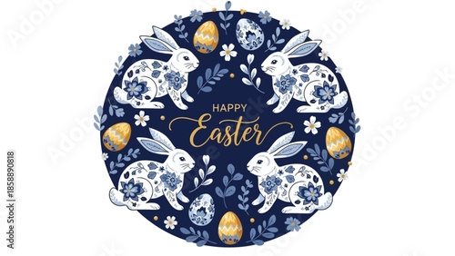 A circular Easter wreath design featuring four white bunnies adorned with floral patterns, golden Easter eggs, and blue floral accents on a dark navy background.