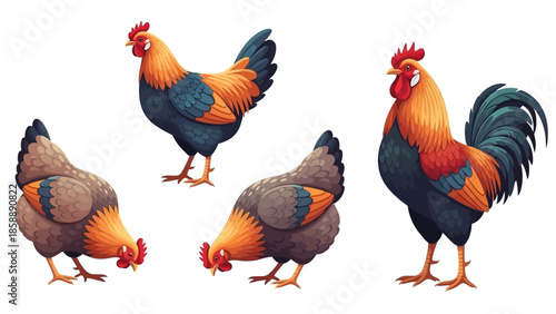 A group of four roosters and hens, with two hens pecking at the ground and two roosters standing tall.