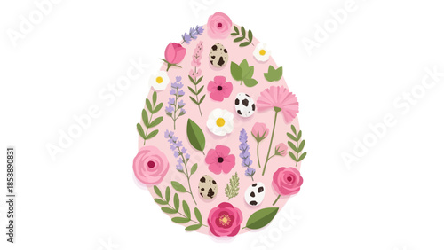 A delicate Easter egg shape formed by an assortment of beautiful pink and white flowers, green leaves, and small speckled eggs.
