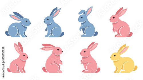 A collection of eight cartoon rabbits in various colors including blue, pink, and yellow, depicted in a playful and cute style.
